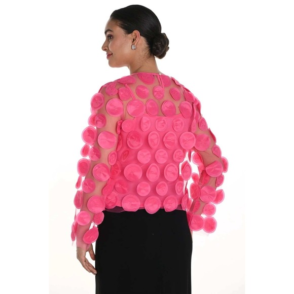 Frank Lyman Montreal Hot Pink 3D Floral Applique Mesh Top Long Sleeve Fuchsia M - Picture 2 of 11
